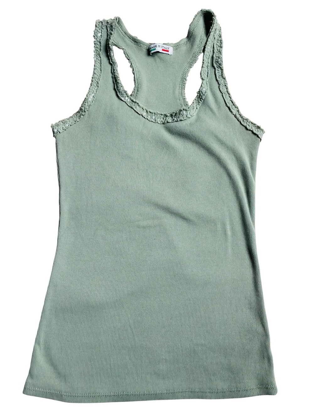 Italian Sage Green Ribbed Tank Top – Sequin Fringe Trim, Made in Italy, Size S/M
